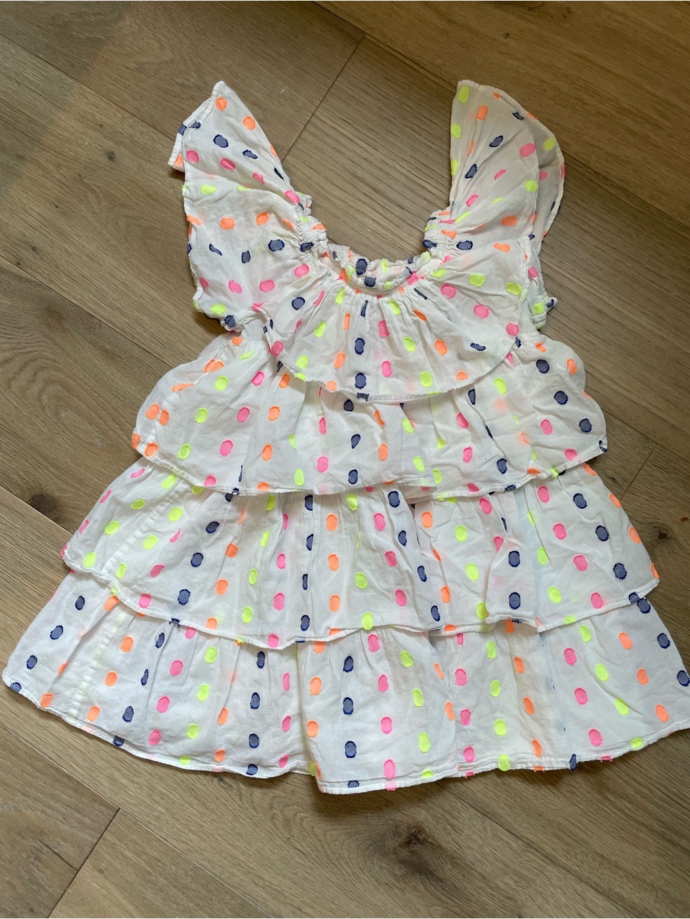 Mini Boden White Flutter Sleeve Dress with Neon Polka Dots